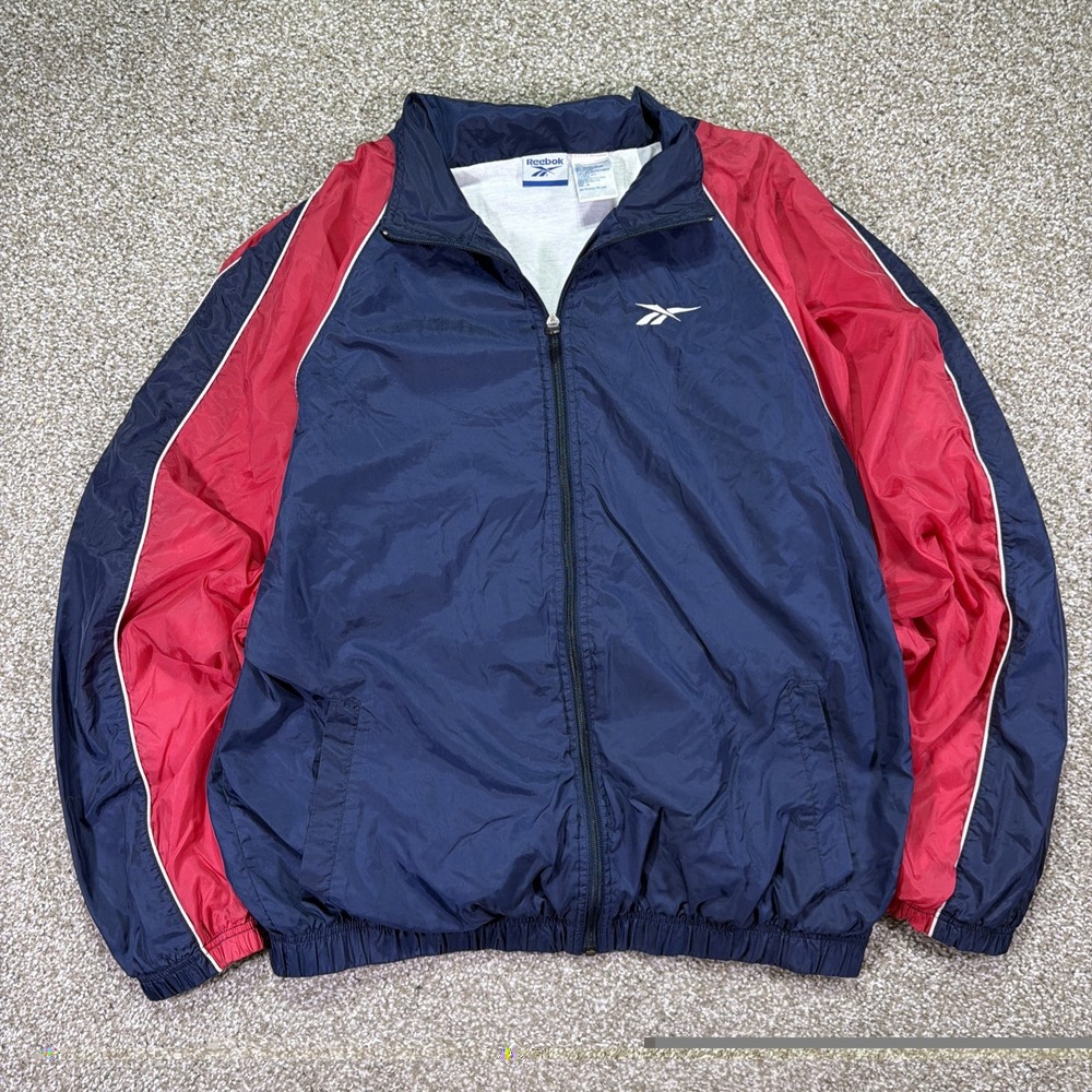 Vintage Reebok ZIPUP Track Jacket XL Navy Blue Striped 90s Classic Lined